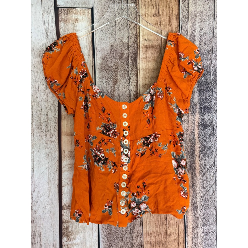 Free People Blouse Floral Puff Sleeve Button Front Boho Top Orange Small NWT